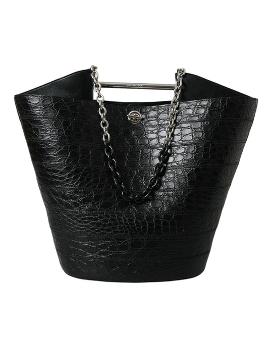 Bolso tote maxi tipo cubo de piel exótica negra