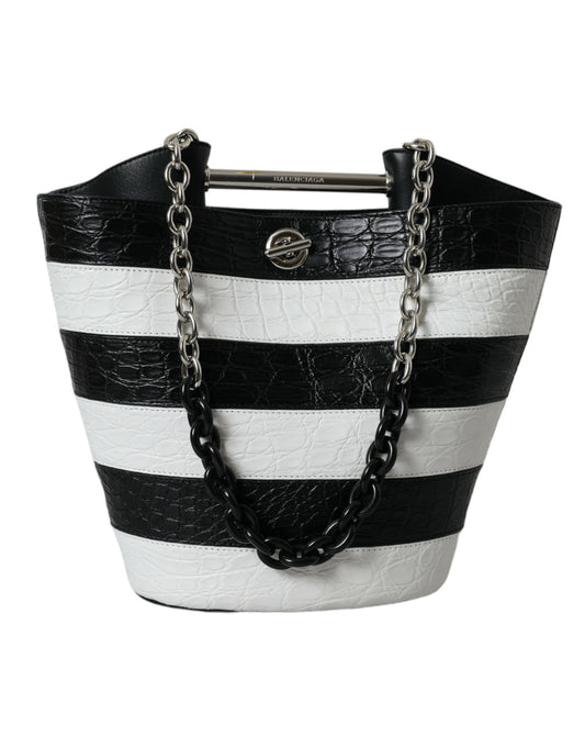 Bolso tote maxi de piel exótica con rayas blancas y negras