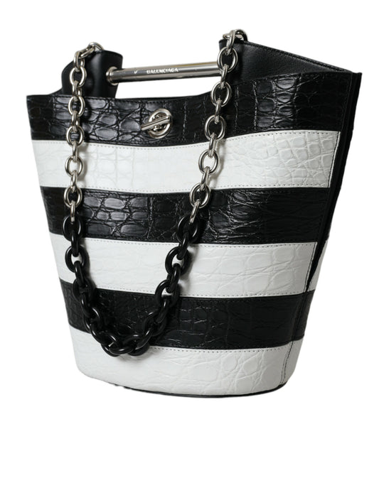 Bolso tote maxi de piel exótica con rayas blancas y negras