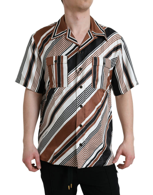 Chemise à manches courtes rayée en soie marron et blanche