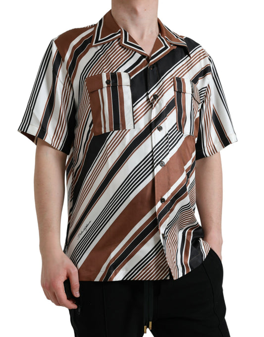Chemise à manches courtes rayée en soie marron et blanche