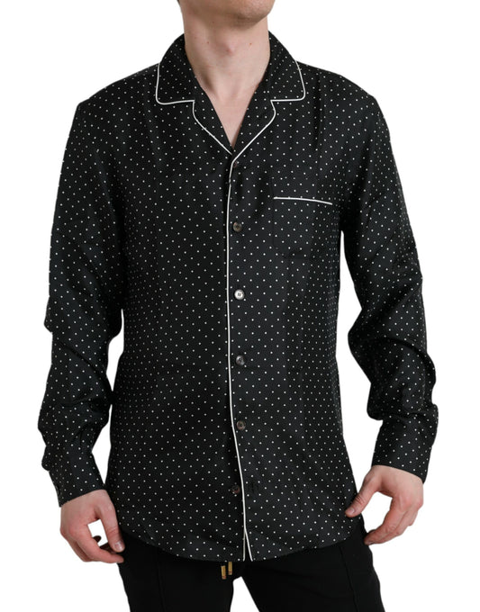 Chemise à manches longues en soie à pois noirs