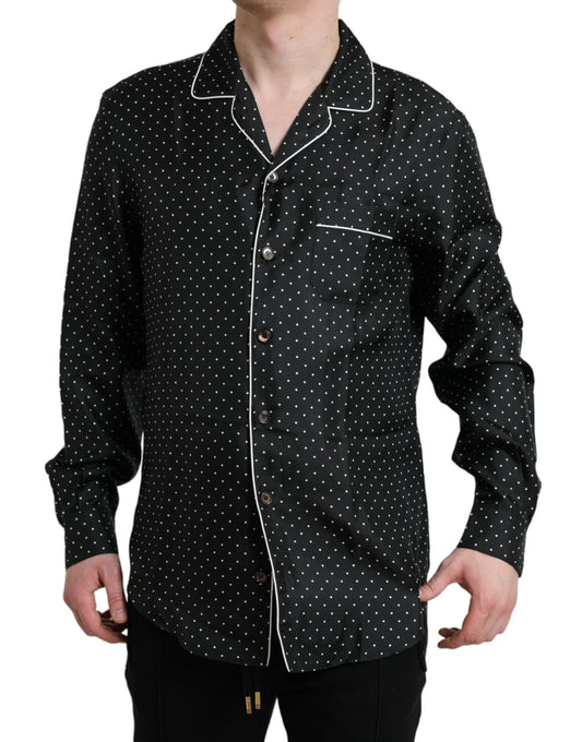 Chemise à manches longues en soie à pois noirs