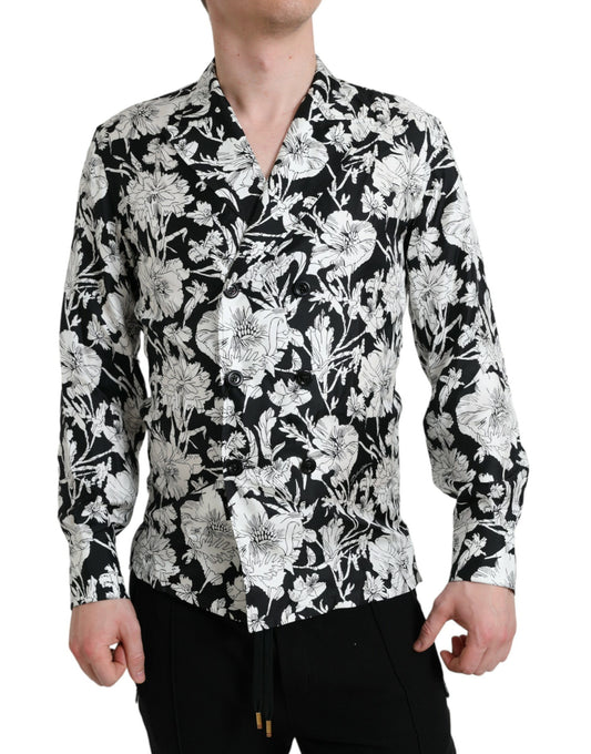 Chemise décontractée boutonnée à fleurs noires et blanches