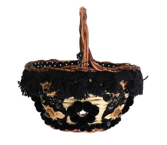 Bolso AGNESE de paja beige con pompones de piel de serpiente y cristales