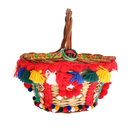 Bolso AGNESE multicolor con pompones de cristal y paja
