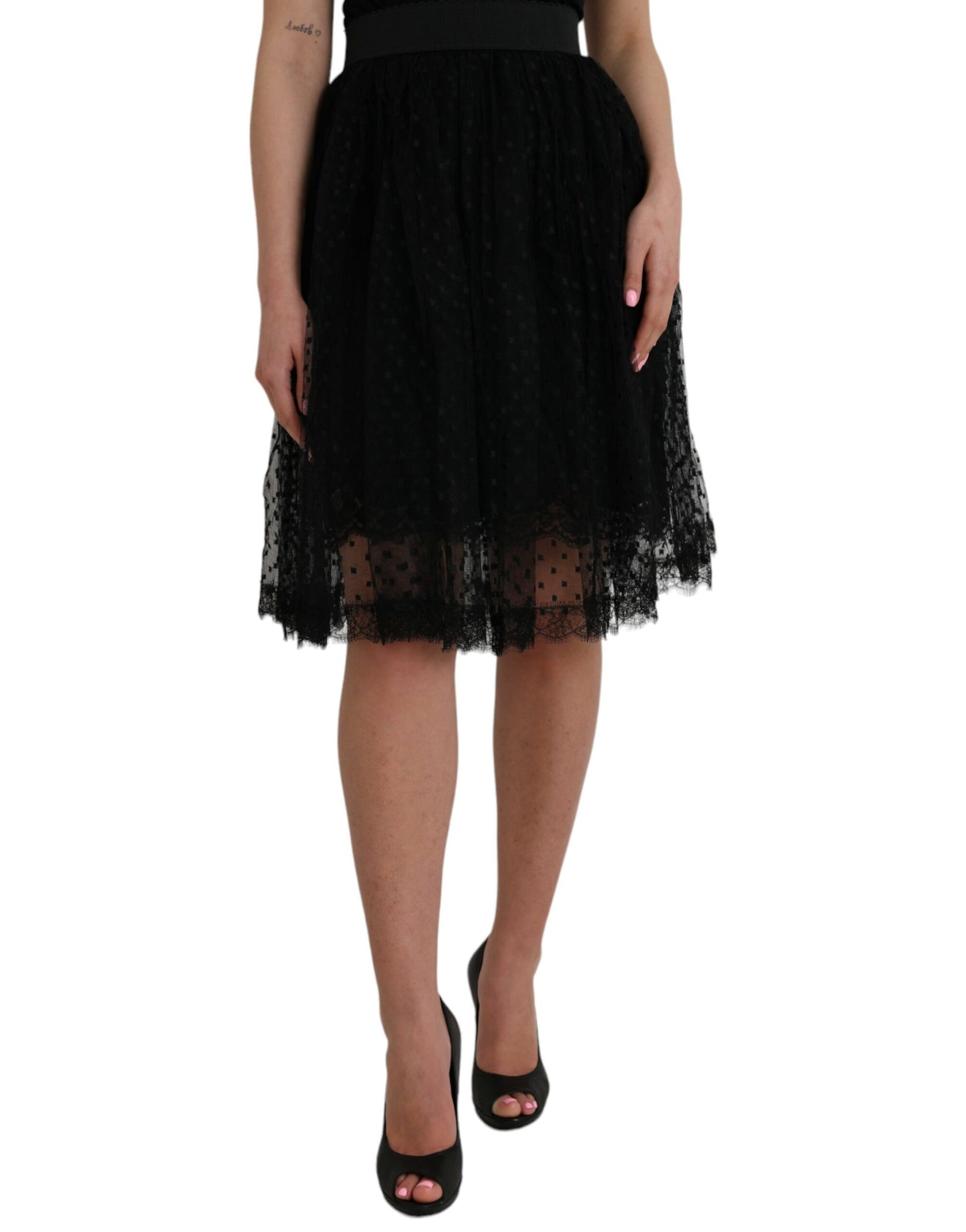 Jupe trapèze taille haute en nylon noir avec bordure en dentelle