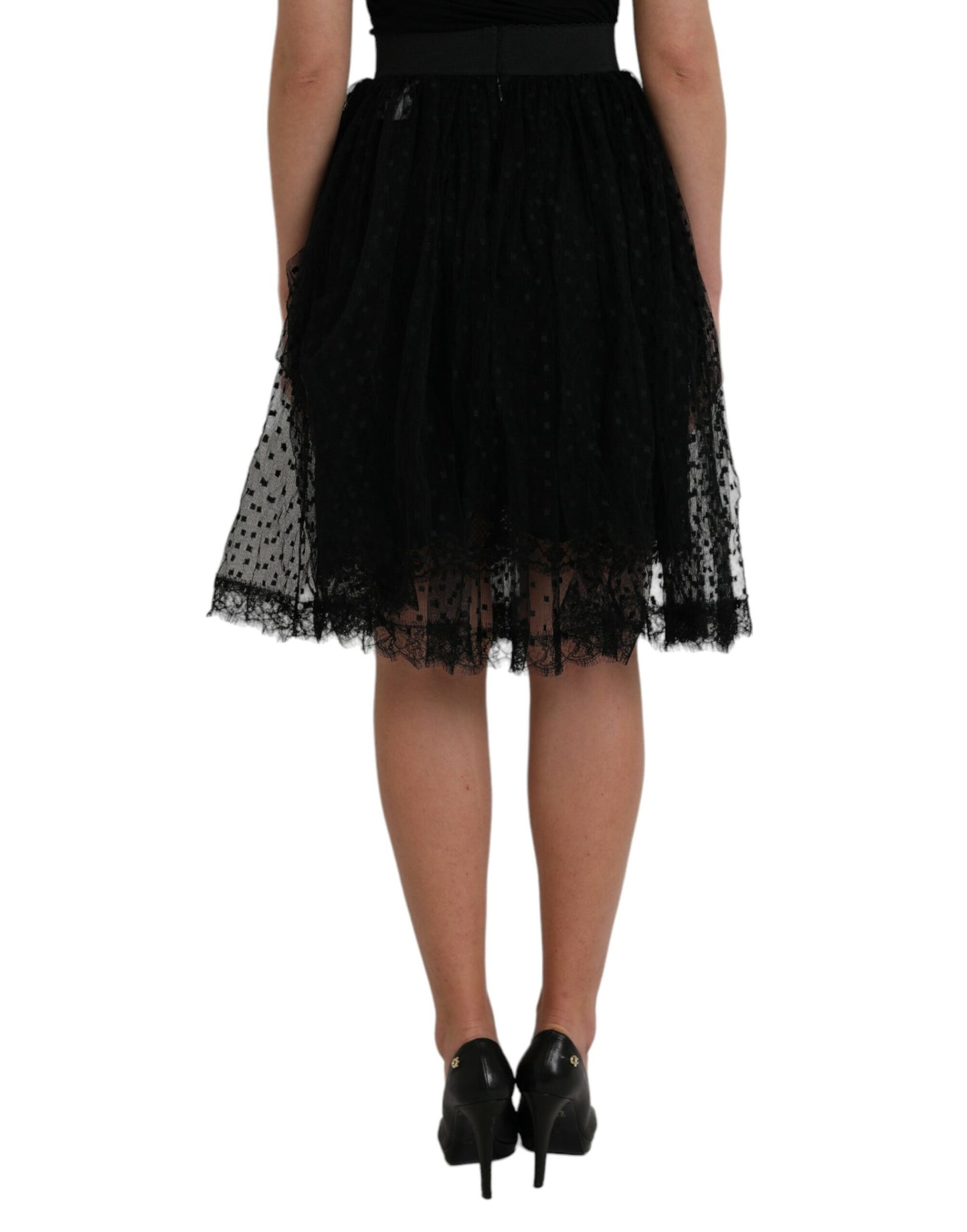 Jupe trapèze taille haute en nylon noir avec bordure en dentelle