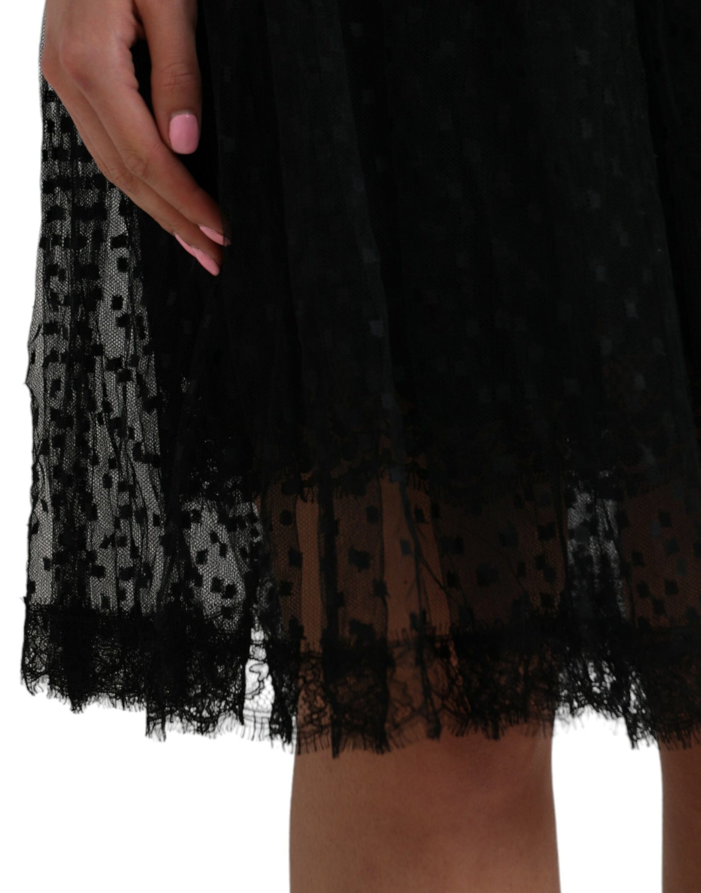 Jupe trapèze taille haute en nylon noir avec bordure en dentelle