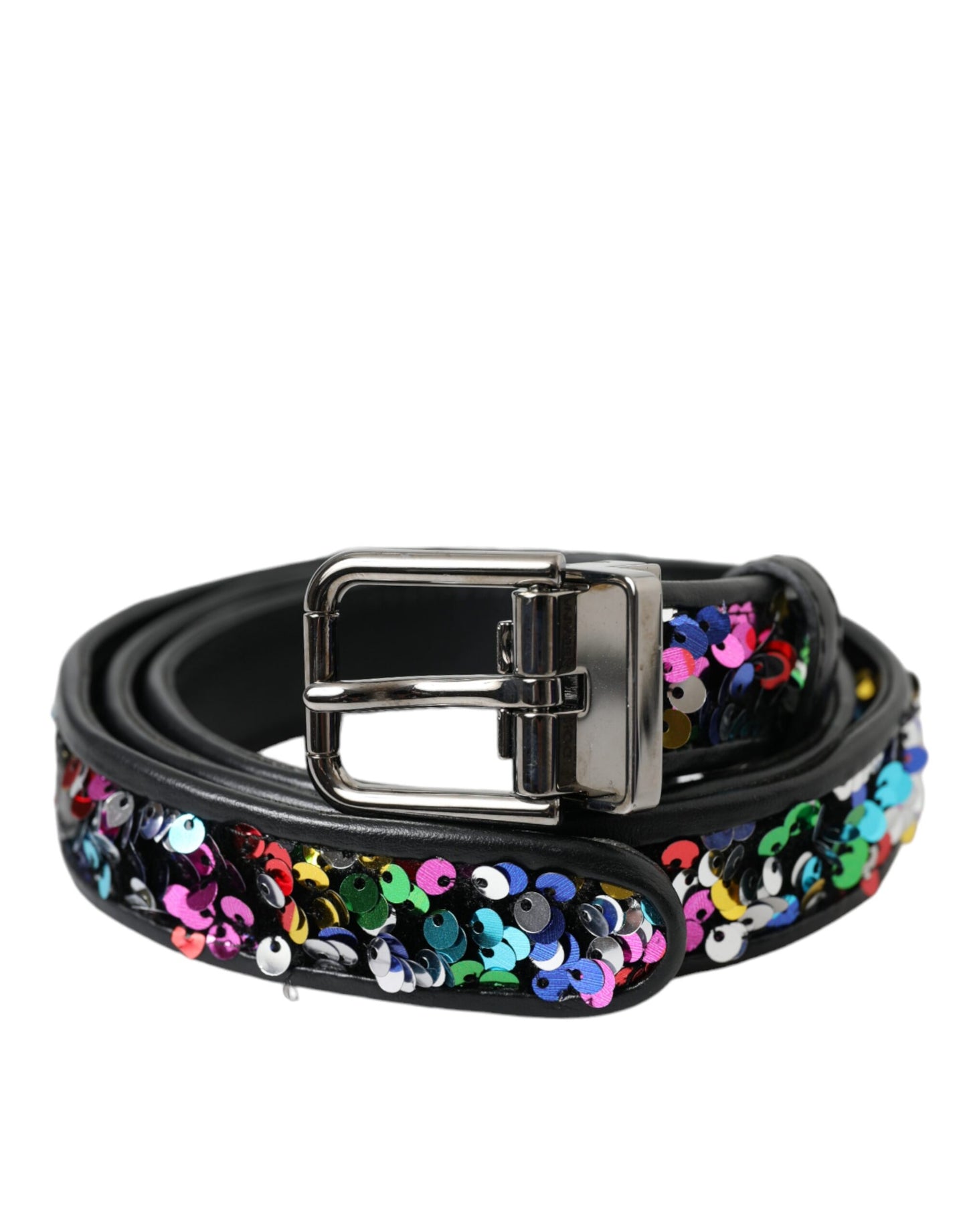 Ceinture femme noire à paillettes et boucle en métal argenté