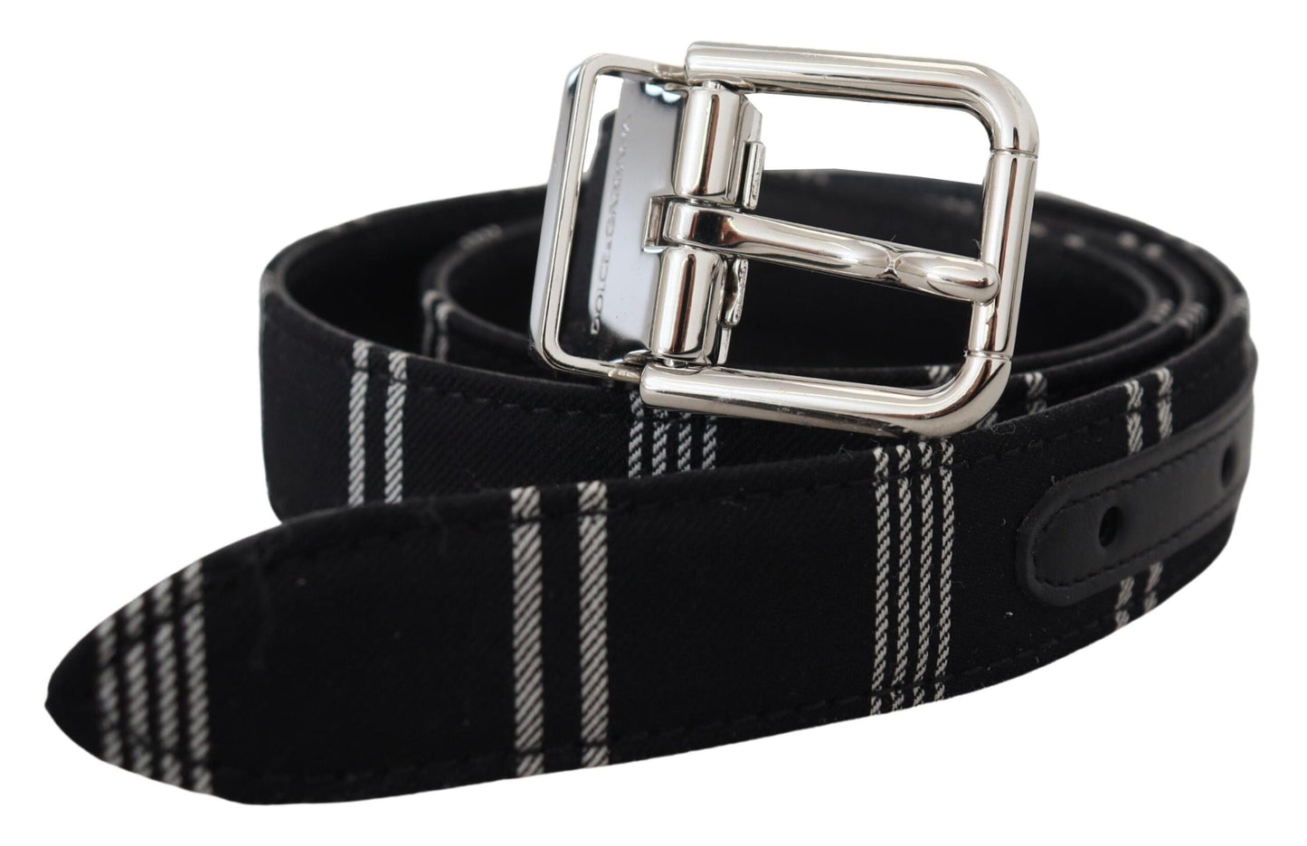 Ceinture en coton noir et blanc avec boucle en métal argenté