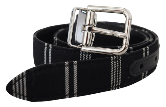 Ceinture en coton noir et blanc avec boucle en métal argenté