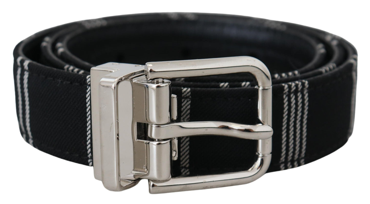 Ceinture en coton noir et blanc avec boucle en métal argenté