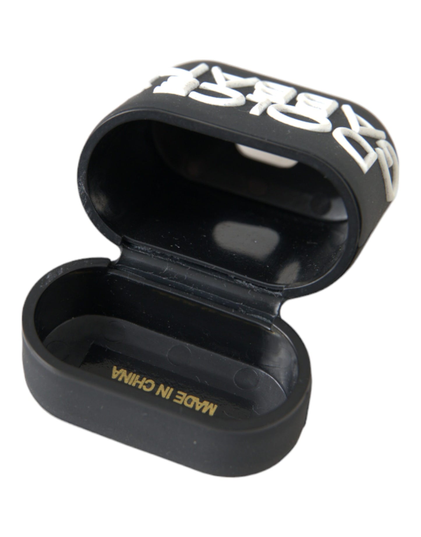 Étui Airpods en silicone noir et blanc avec logo en relief