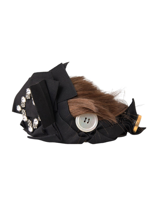 Serre-tête diadème pour femme avec bouton en cristal noir et cheveux bruns