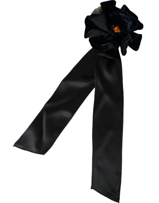 Broche à cheveux florale en soie noire et laiton doré