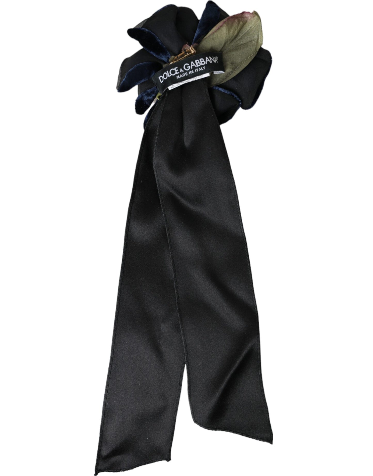 Broche à cheveux florale en soie noire et laiton doré