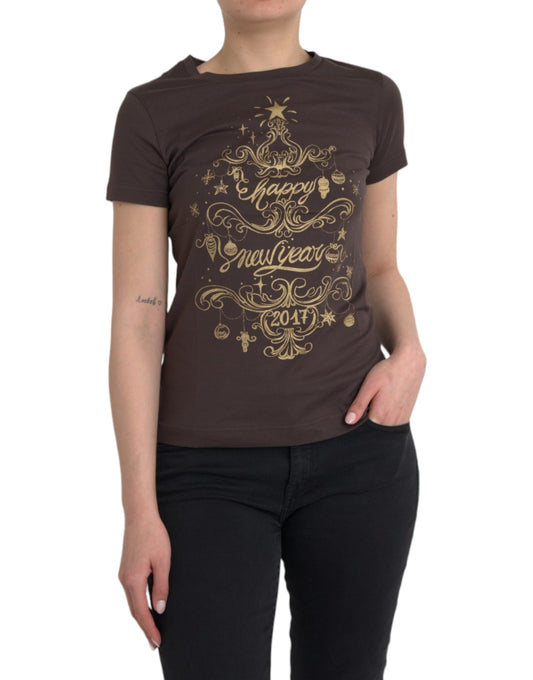 Camiseta marrón de cuello redondo con estampado Motive 2017