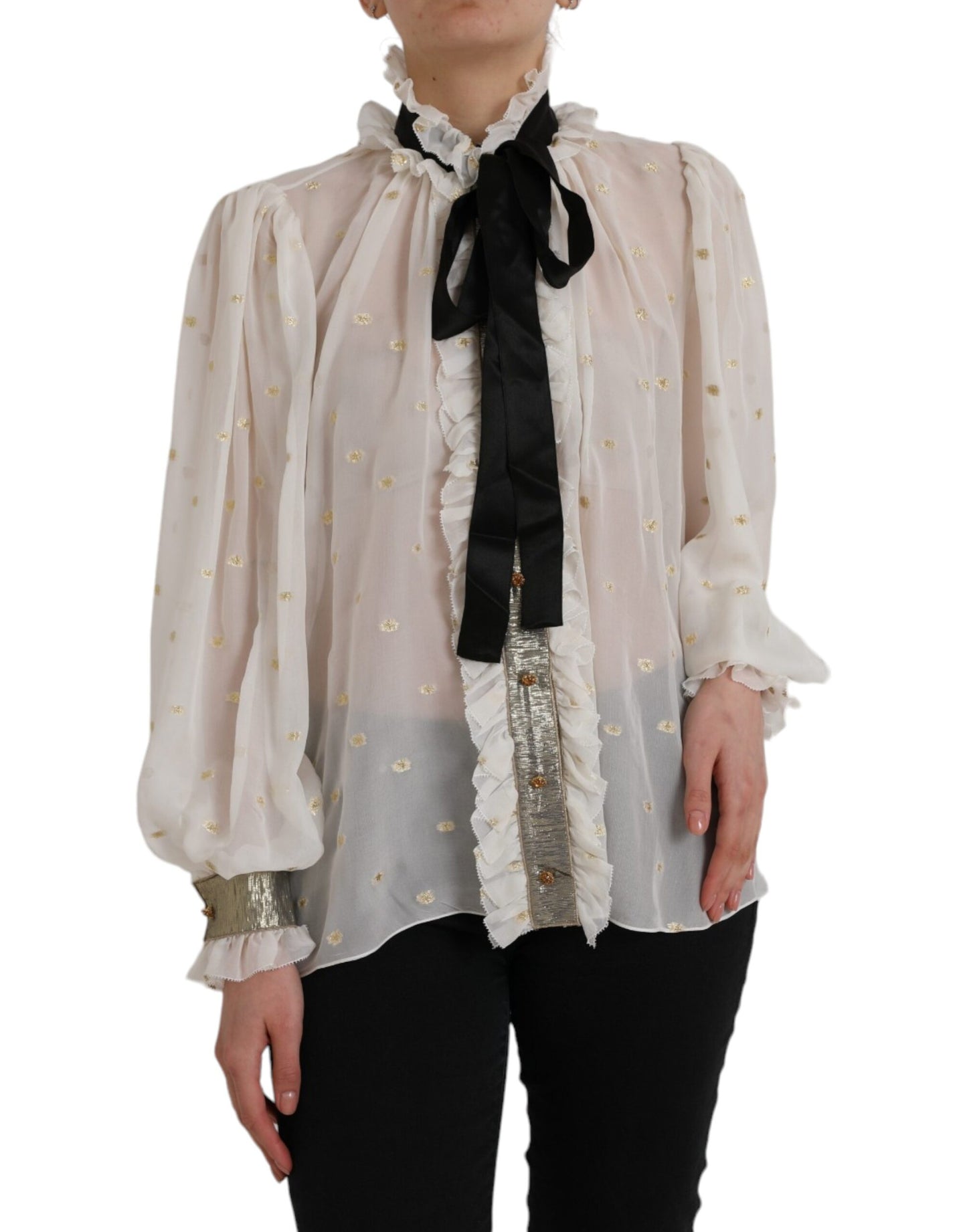 Blusa con cuello Ascot en mezcla de seda color blanco roto