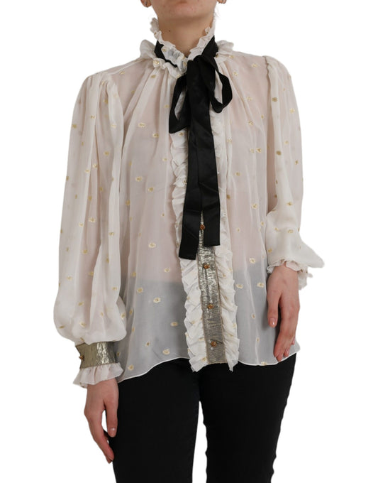 Blusa con cuello Ascot en mezcla de seda color blanco roto