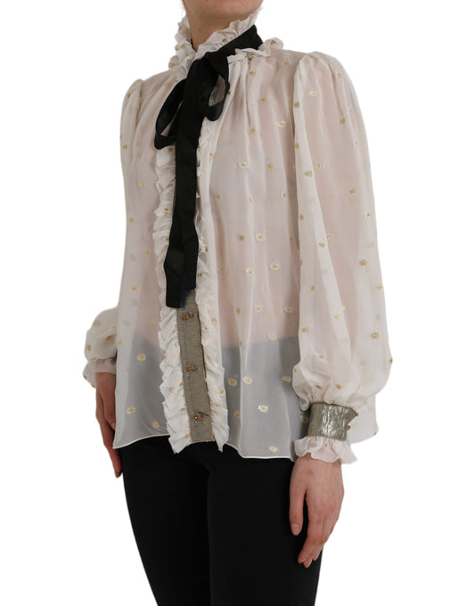 Blusa con cuello Ascot en mezcla de seda color blanco roto