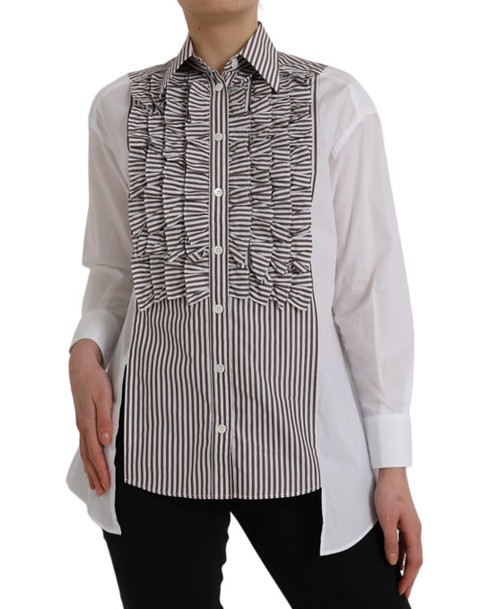 Top de algodón con mangas largas y cuello con volantes de rayas blancas