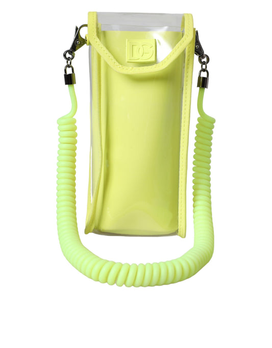 Cartera portatarjetas con correa para el cuello de plástico amarillo y verde con el logotipo de DG