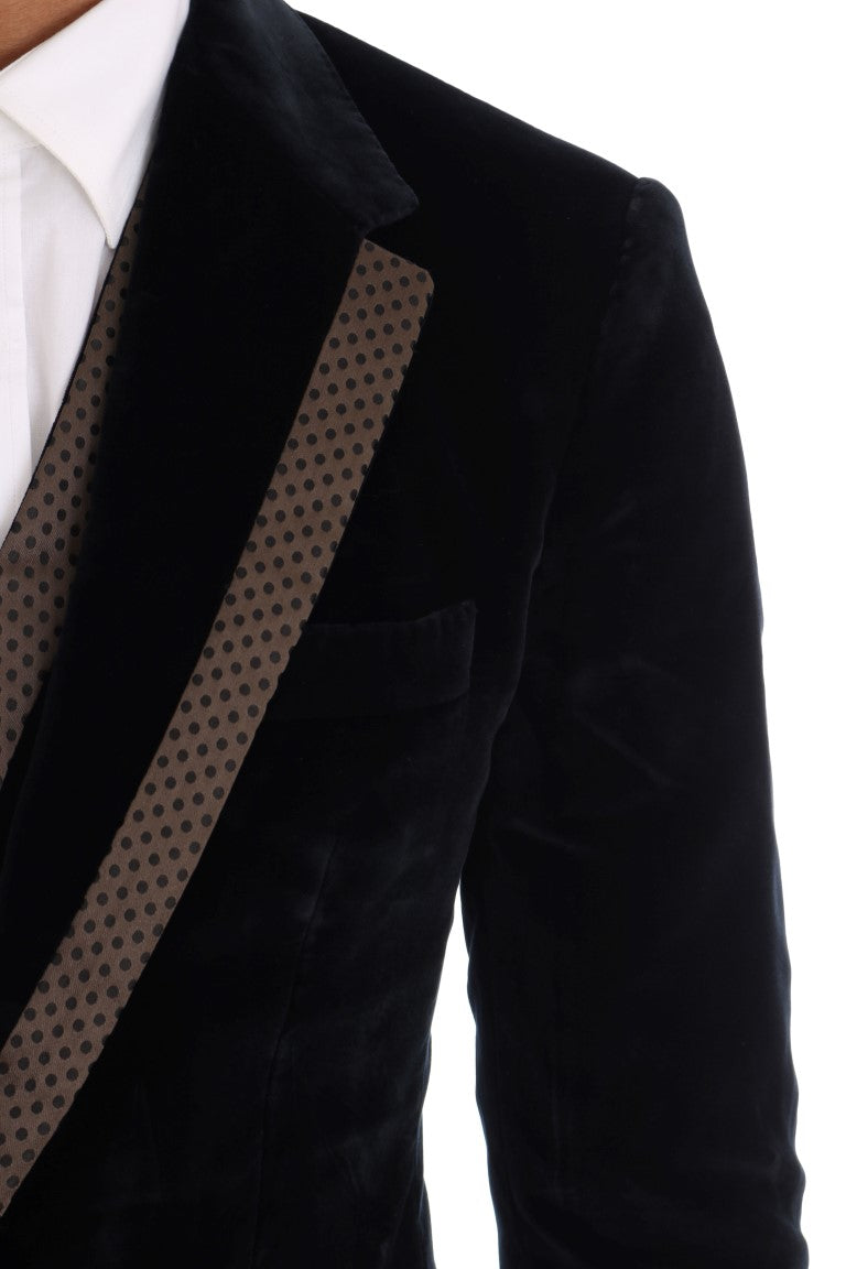 Traje ajustado de tres piezas de terciopelo azul con dos botones
