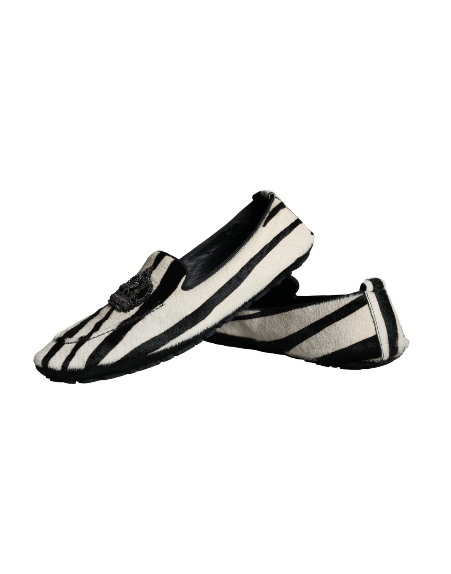 Mocassins à enfiler en fourrure de veau noir et blanc pour hommes