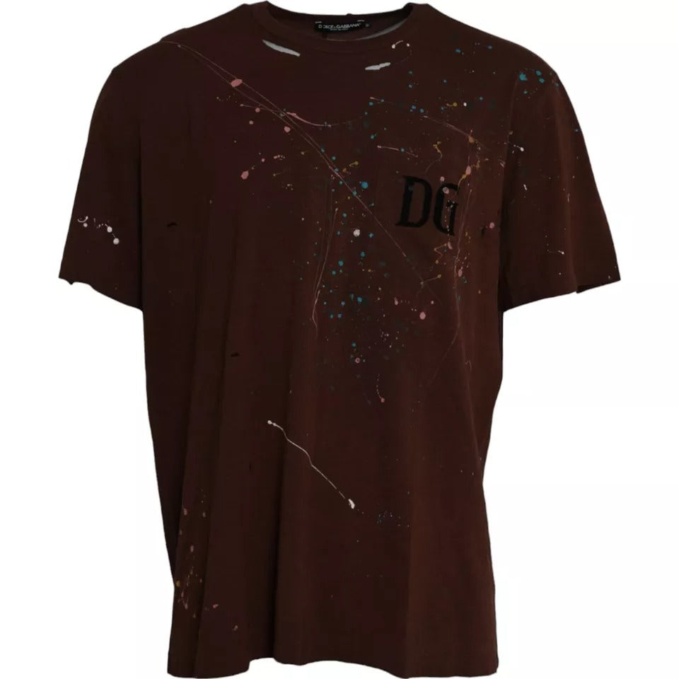 T-shirt ras du cou en coton marron à éclaboussures