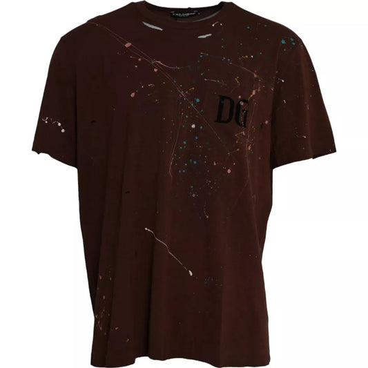 T-shirt ras du cou en coton marron à éclaboussures