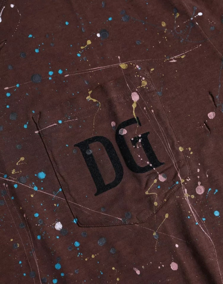 T-shirt ras du cou en coton marron à éclaboussures