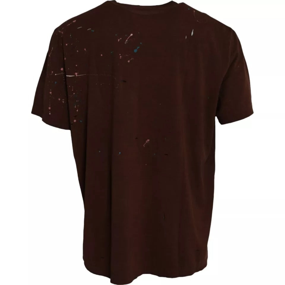 T-shirt ras du cou en coton marron à éclaboussures