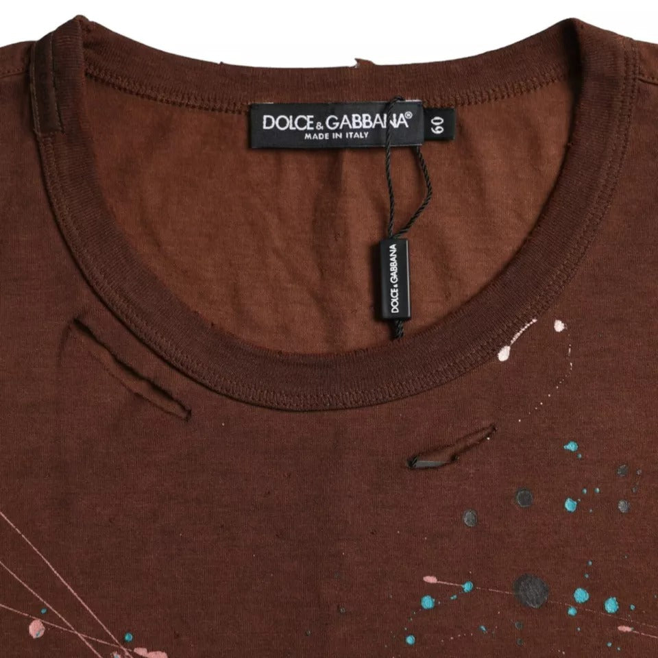 T-shirt ras du cou en coton marron à éclaboussures