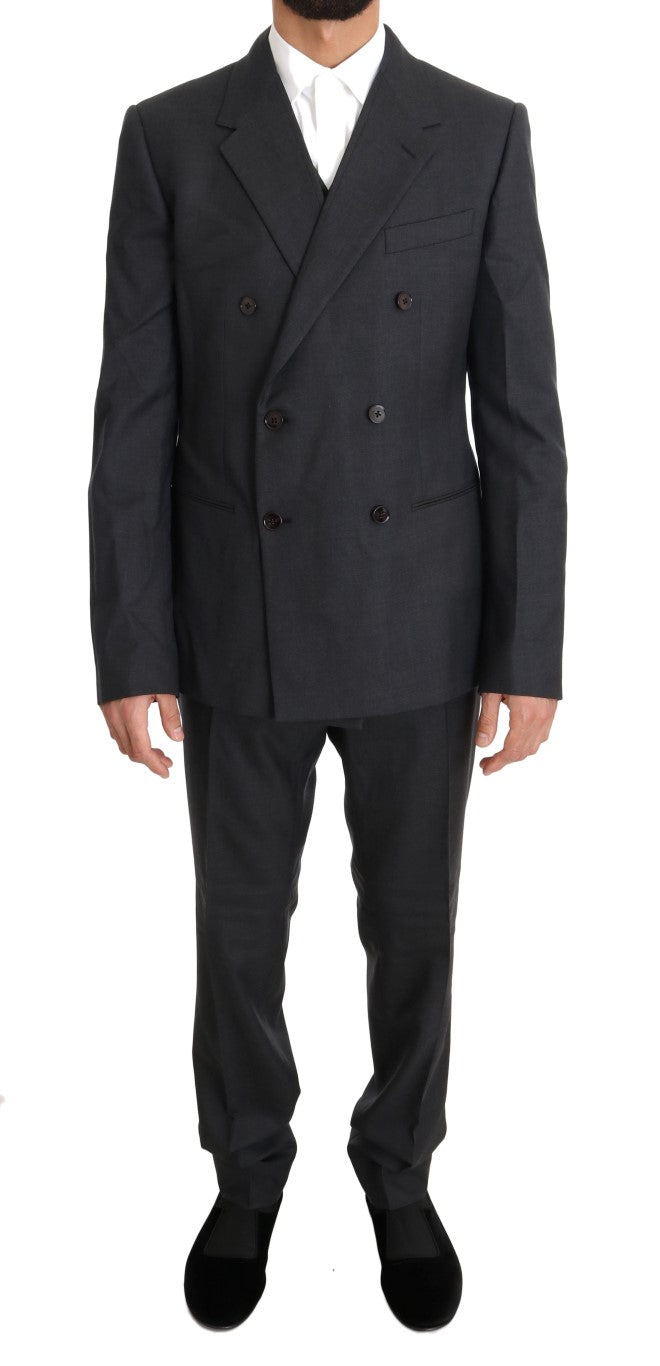 Traje entallado cruzado de lana y seda gris