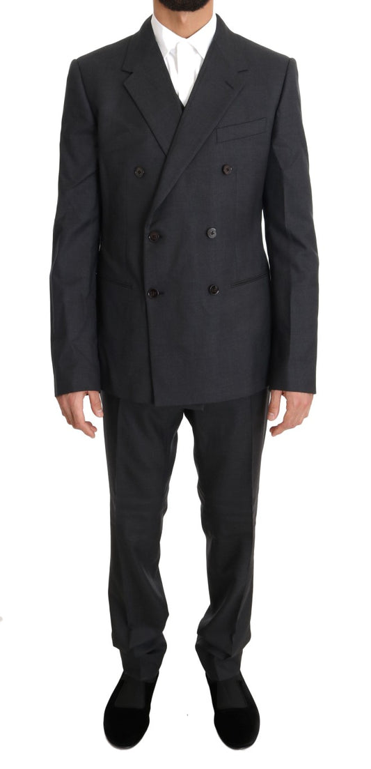 Traje entallado cruzado de lana y seda gris