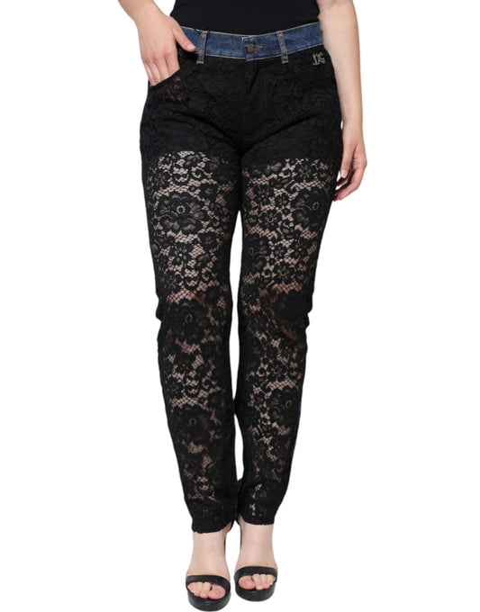 Jean skinny noir à dentelle florale sur le devant