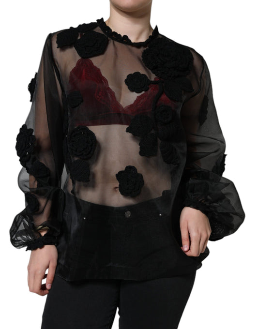 Blusa floral transparente de malla de nailon negra
