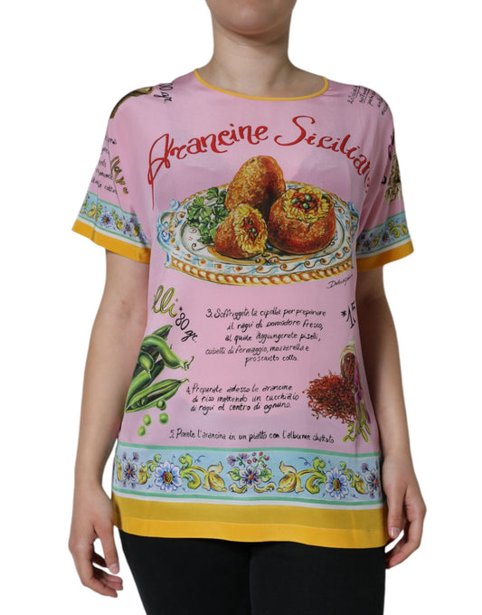 Top de manga corta con estampado Araneine Siciliana de seda rosa