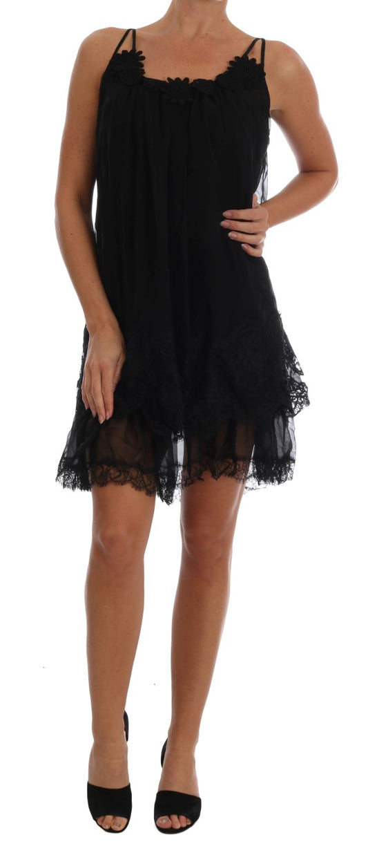 Vestido camisero de encaje de seda negro