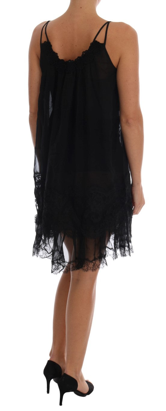 Vestido camisero de encaje de seda negro