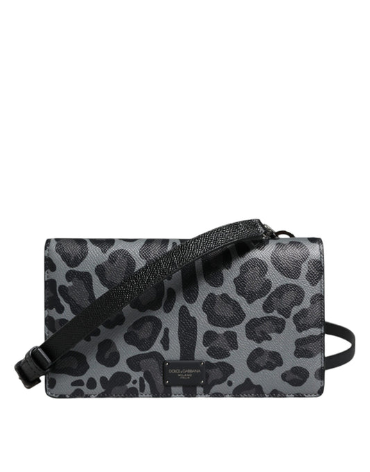 Sac à bandoulière en cuir léopard noir et gris avec deux compartiments pour cartes
