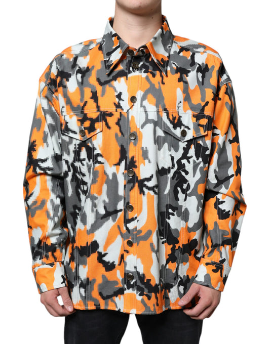 Veste à col en denim de coton camouflage multicolore