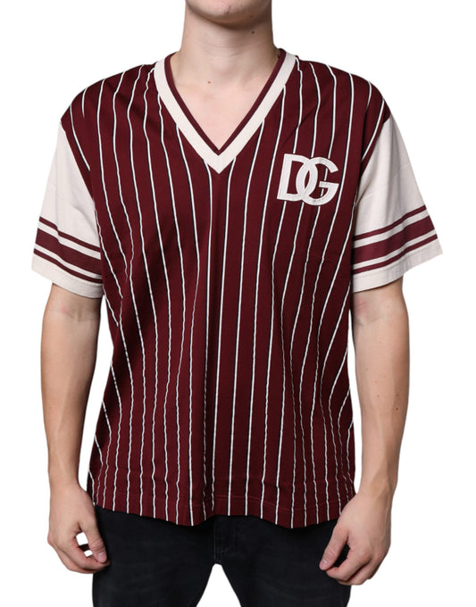 T-shirt col V en coton à rayures marron avec logo