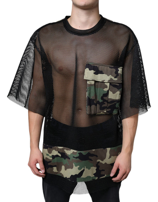 T-shirt camouflage à manches courtes en maille noire