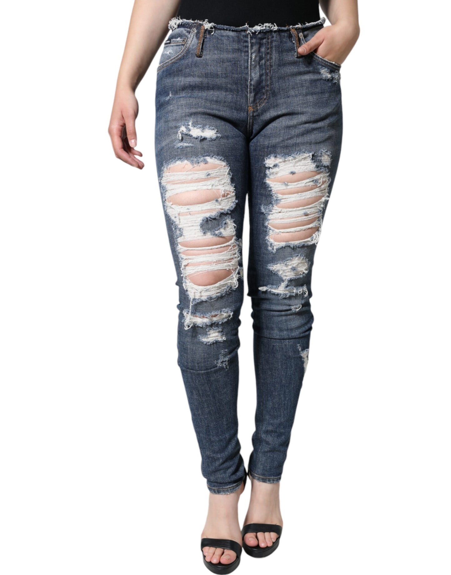 Jean skinny déchiré en coton stretch bleu
