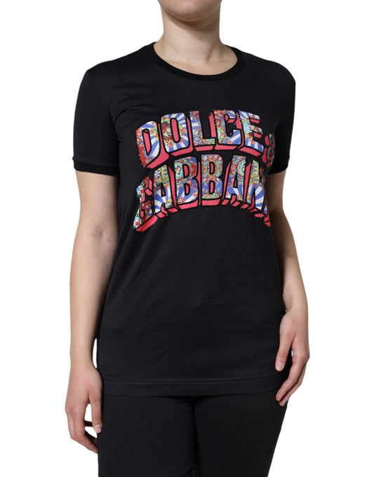 Camiseta de algodón negra con cuello redondo y estampado de logotipo