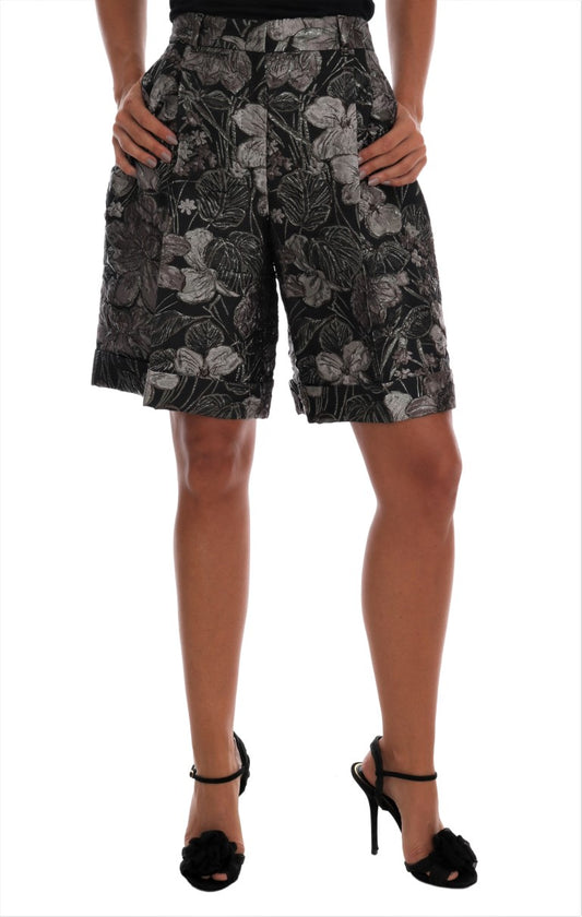 Pantalones cortos de cintura alta con brocado floral gris