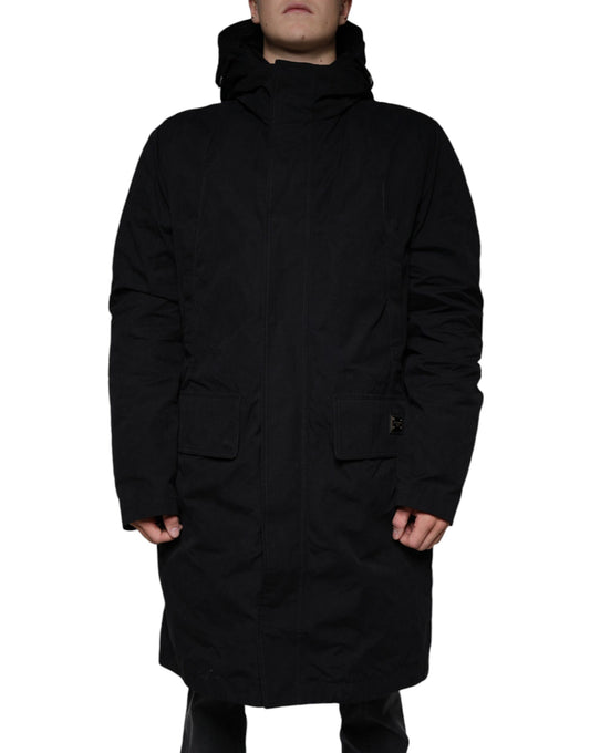 Parka noire à capuche en coton, trench-coat