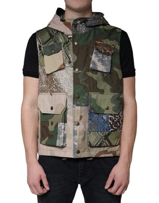 Veste sans manches à capuche patchwork multicolore
